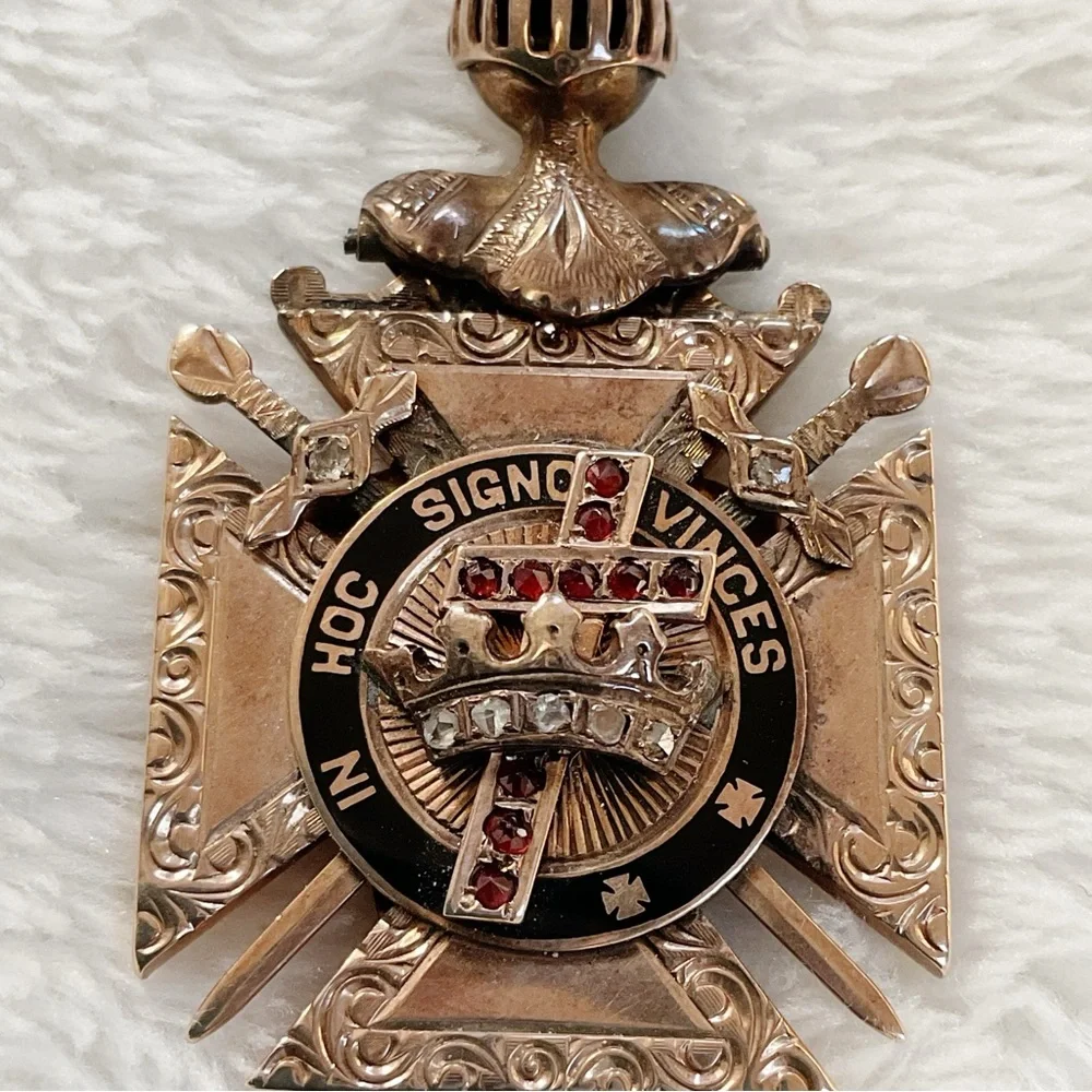 Antique 10K Gold Knights Templar Jeweled Pendant – Garnet Diamond Cross Masonic